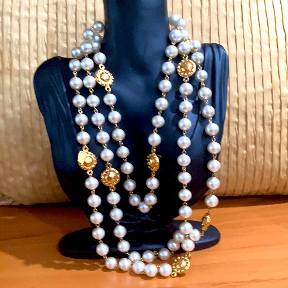 Vintage Chanel Large Faux Pearl Gold Station Long Necklace